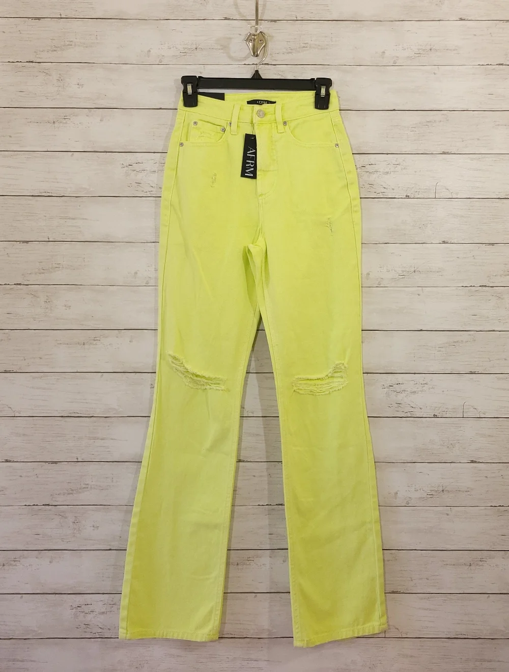 AFRM Oden High Rise Wide‎ Leg Jeans Faded Neon Yellow Distressed Size 24 NWT